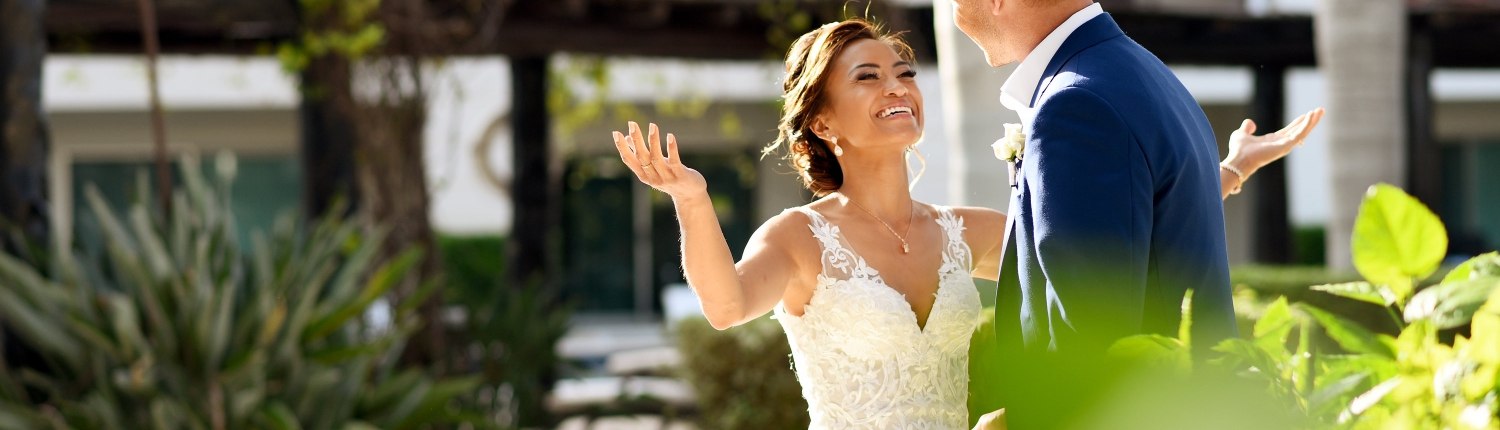Emotional happy Groom Bride First Look Secrets Silversands Cancun Wedding Destination