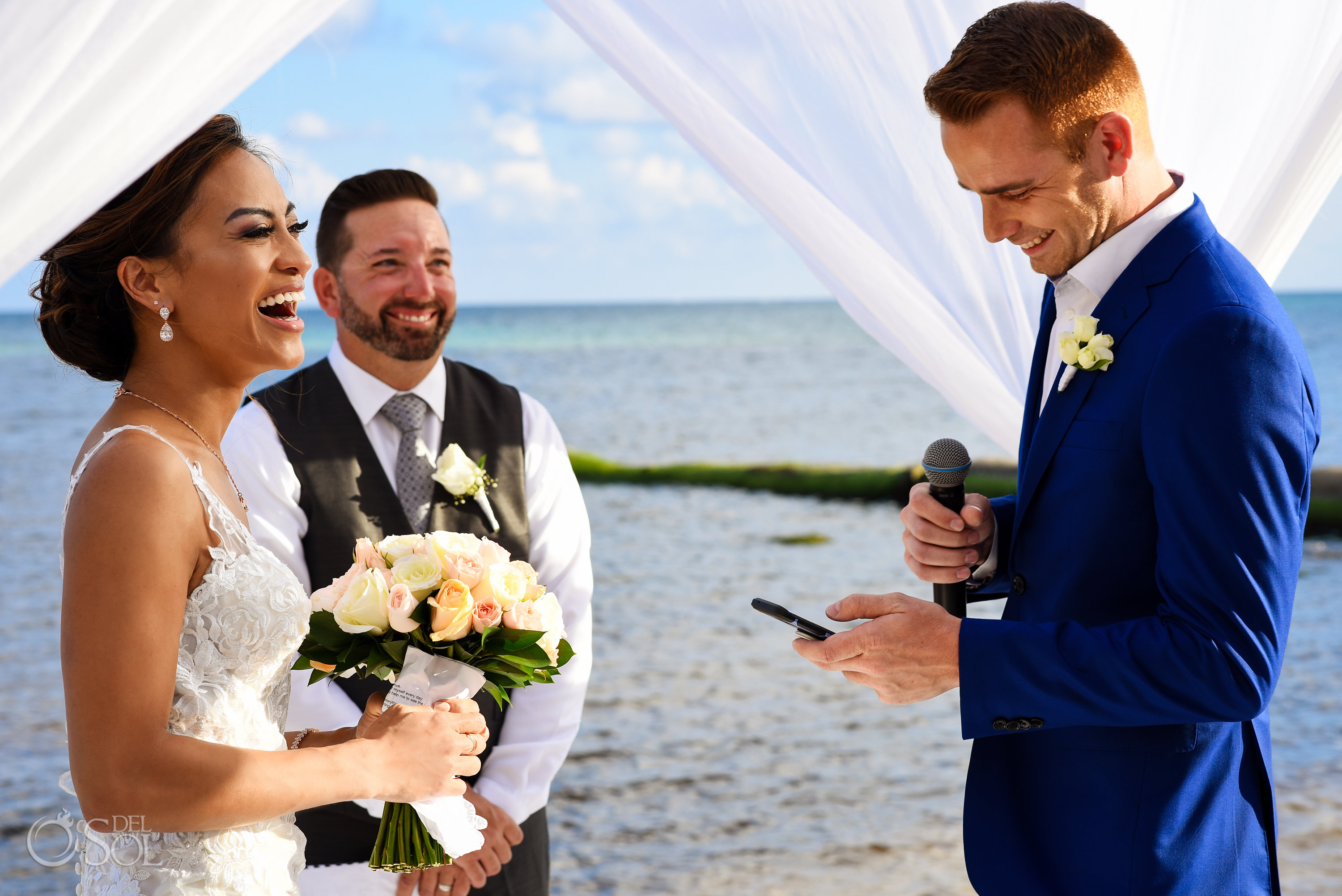 Happy funny Ginger Groom Vows Indochino wedding deep blue suit Beach front Ceremony