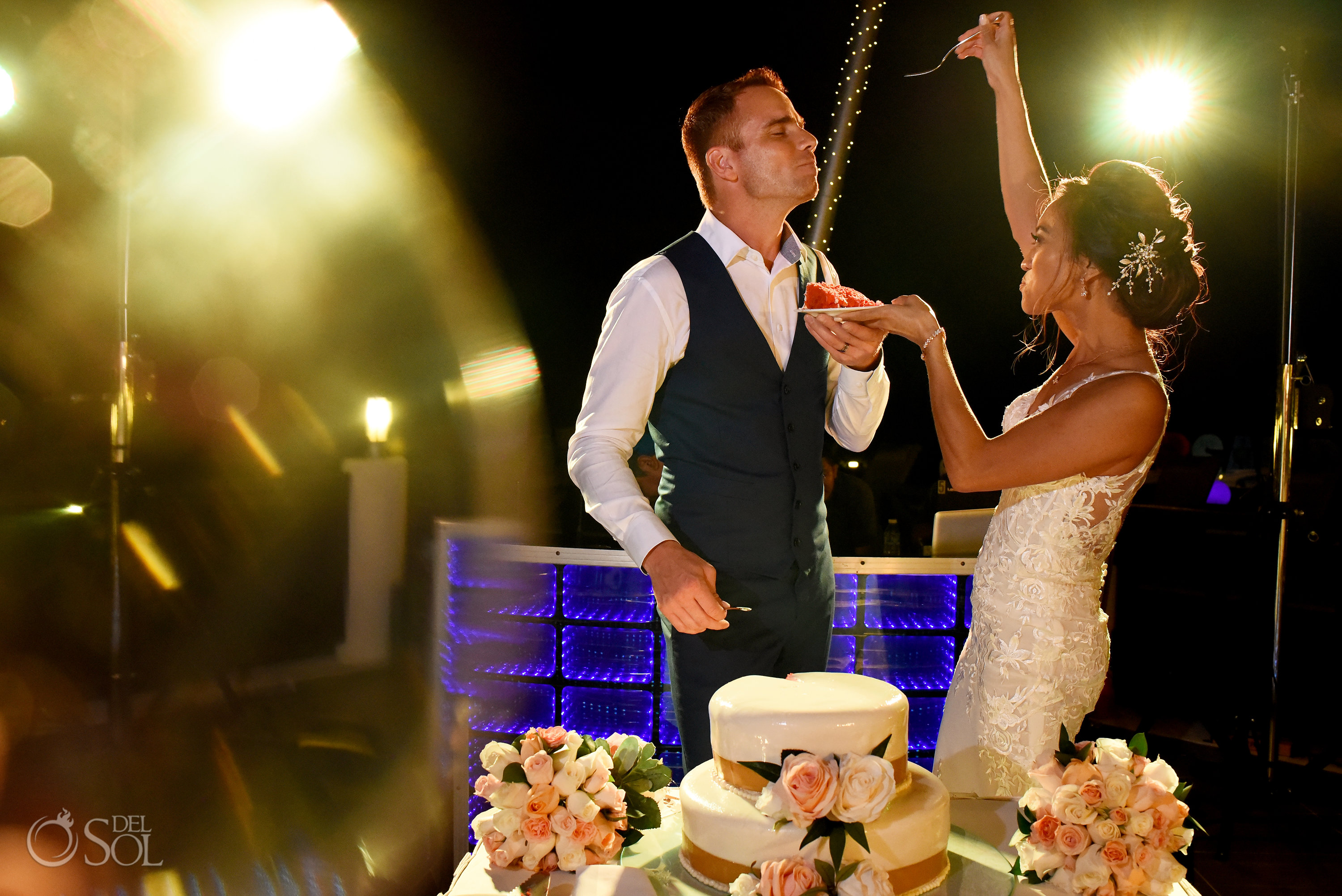 First Wedding Cake Bite Sexy Newlyweds Couple Secrets Silversands Wedding Reception