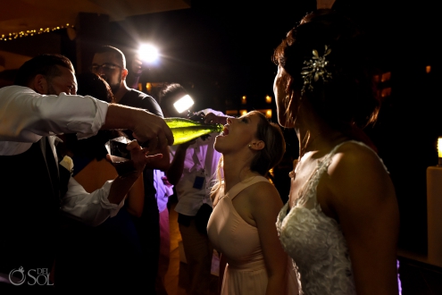 Bridesmaid drinking Champaign best dance moment Secrets Silversands Wedding Reception