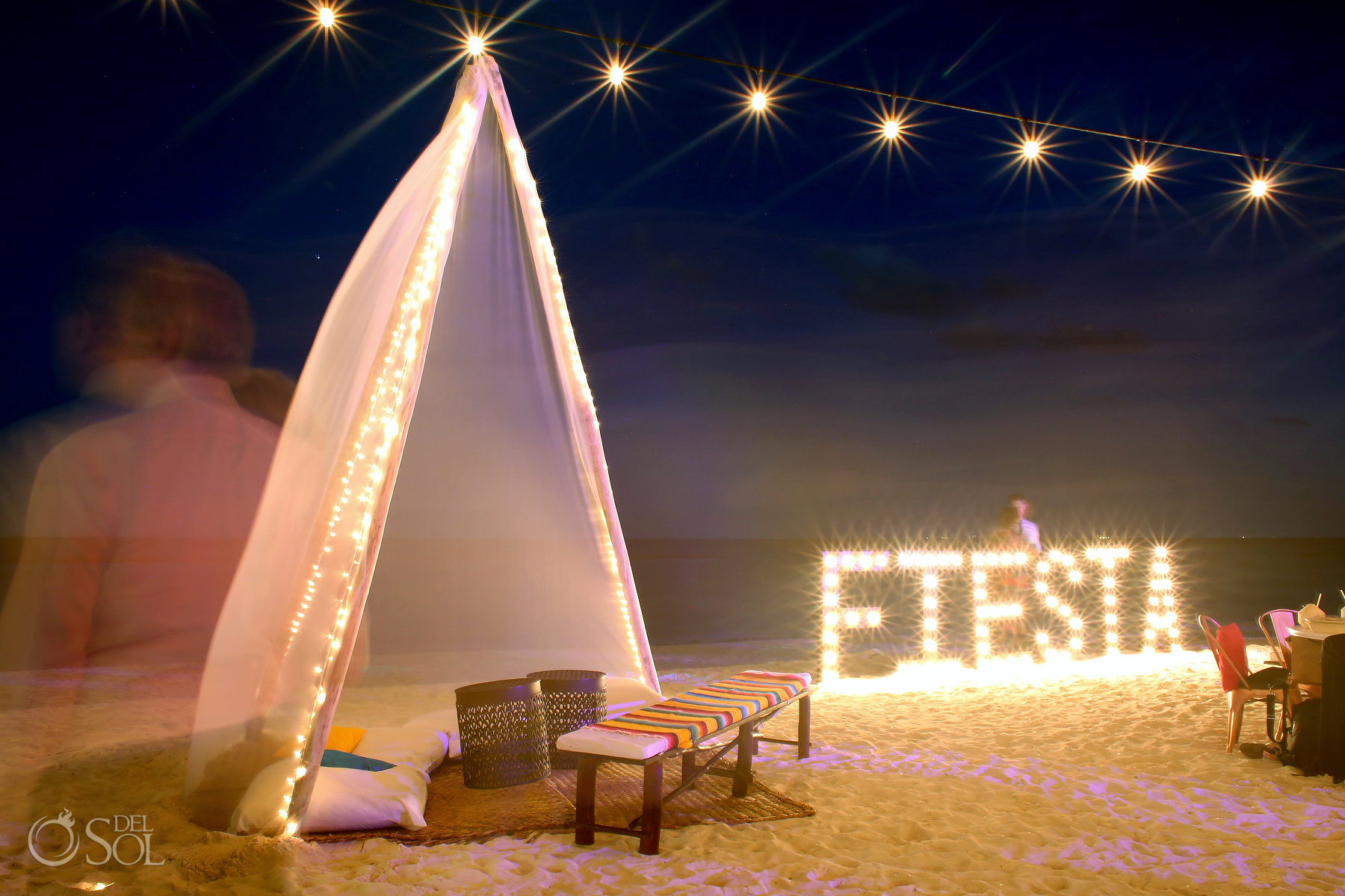 Andaz Mayakoba Wedding Reception Fiesta Sign on the beach