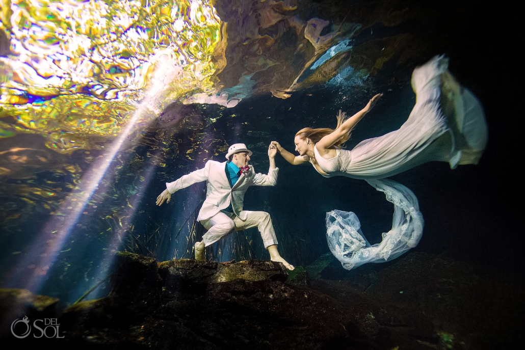 Underwater bride and groom riviera maya trash the dress