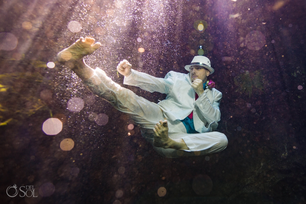 underwater martial arts flying kick trash the dress Tulum Mexico