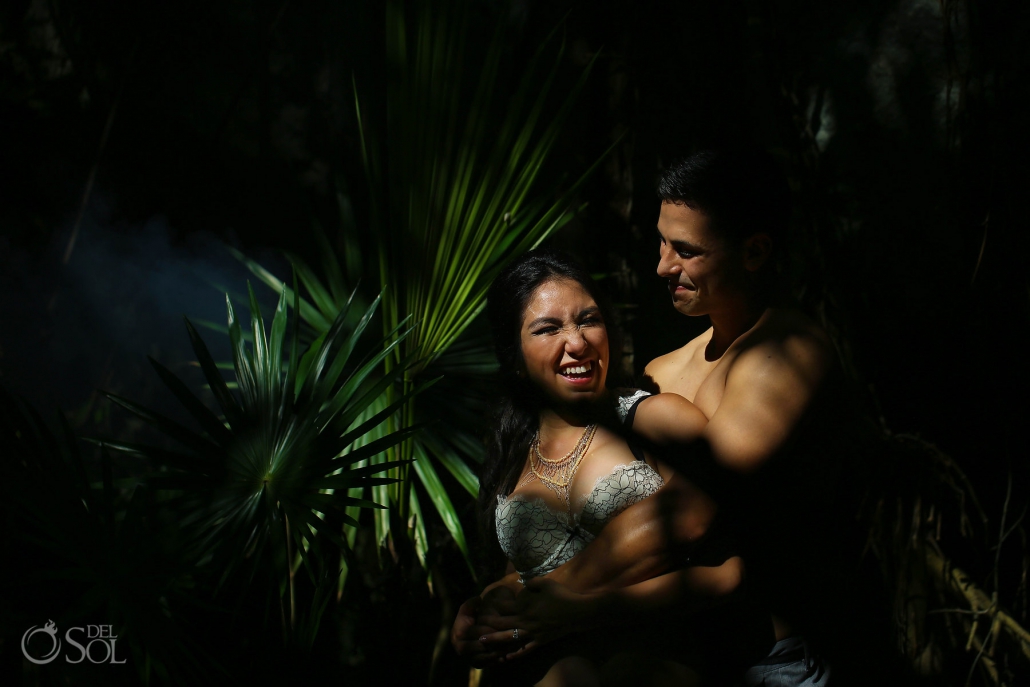 jungle boudoir bride laughing riviera maya cenote