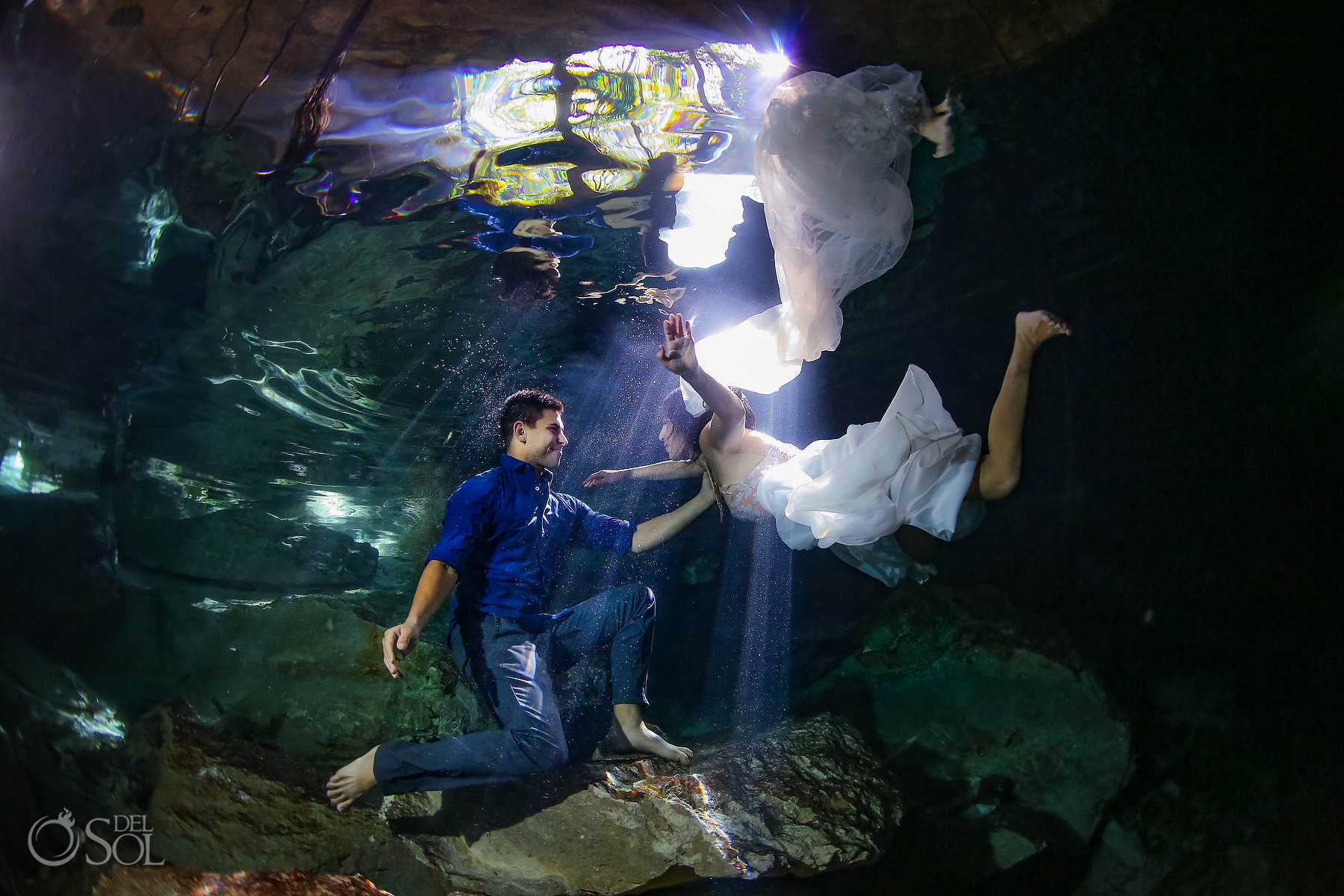 Bride and groom underwater cenote Jungle boudoir Trash the Dress