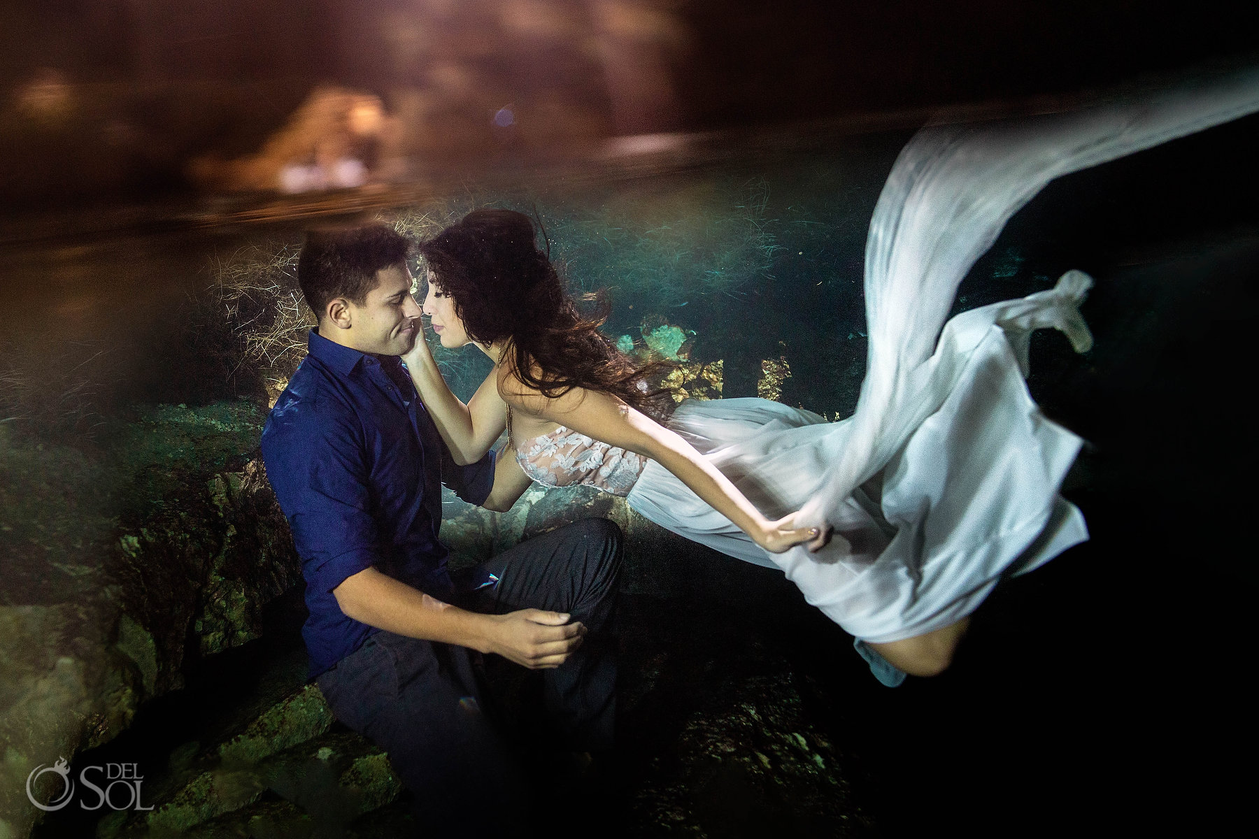 Epic underwater photography Jungle boudoir Trash the Dress Bride and groom portrait