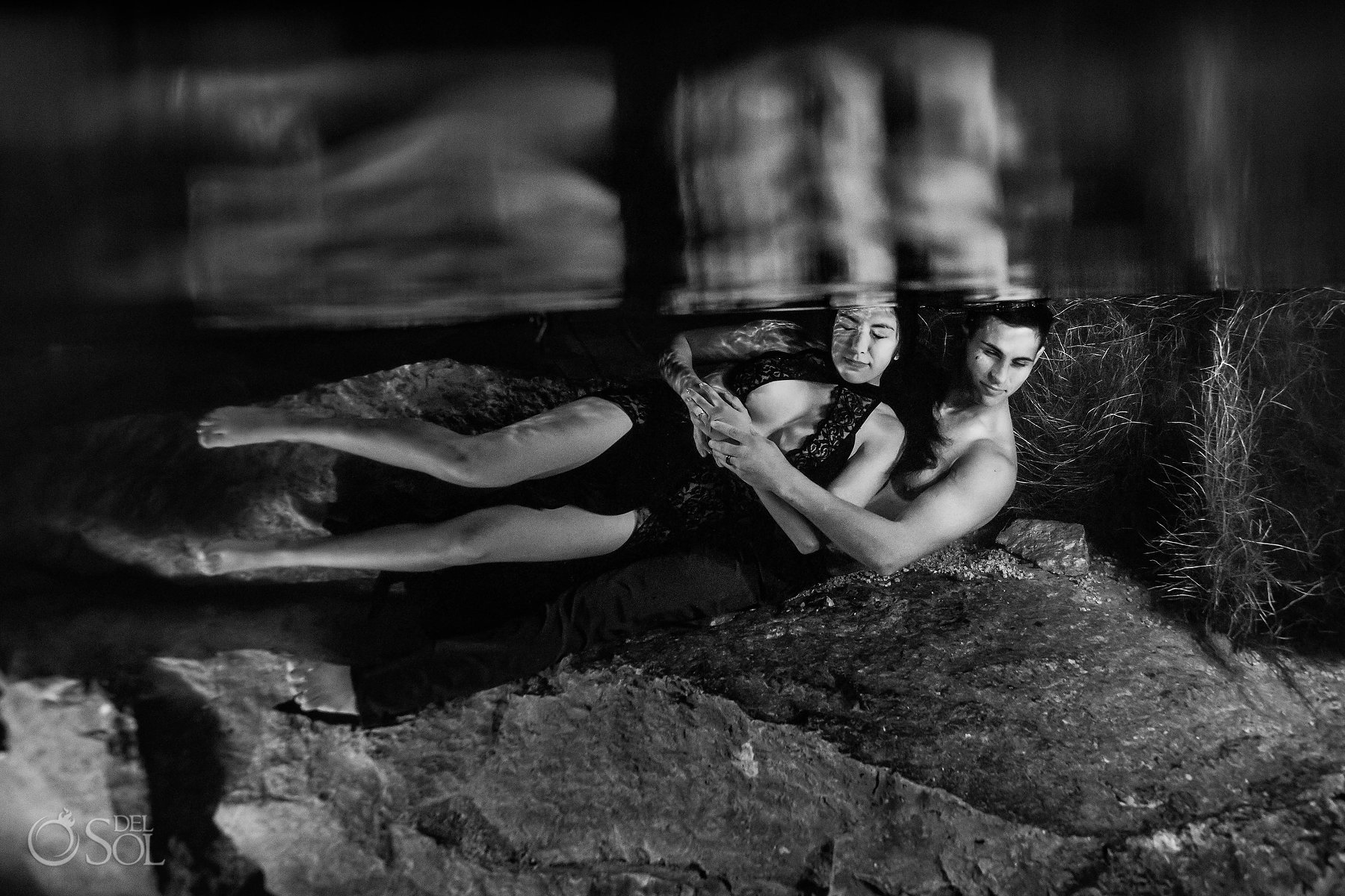 underwater couples black and white photography Jungle boudoir Trash the Dress
