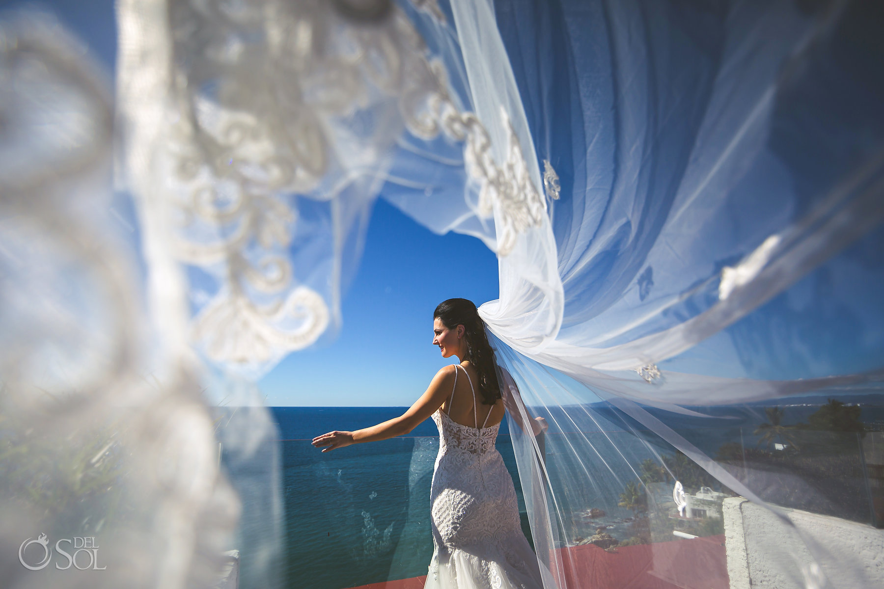 Bridal Long Tulle Embroidered Veil Hyatt Ziva Puerto Vallarta Wedding