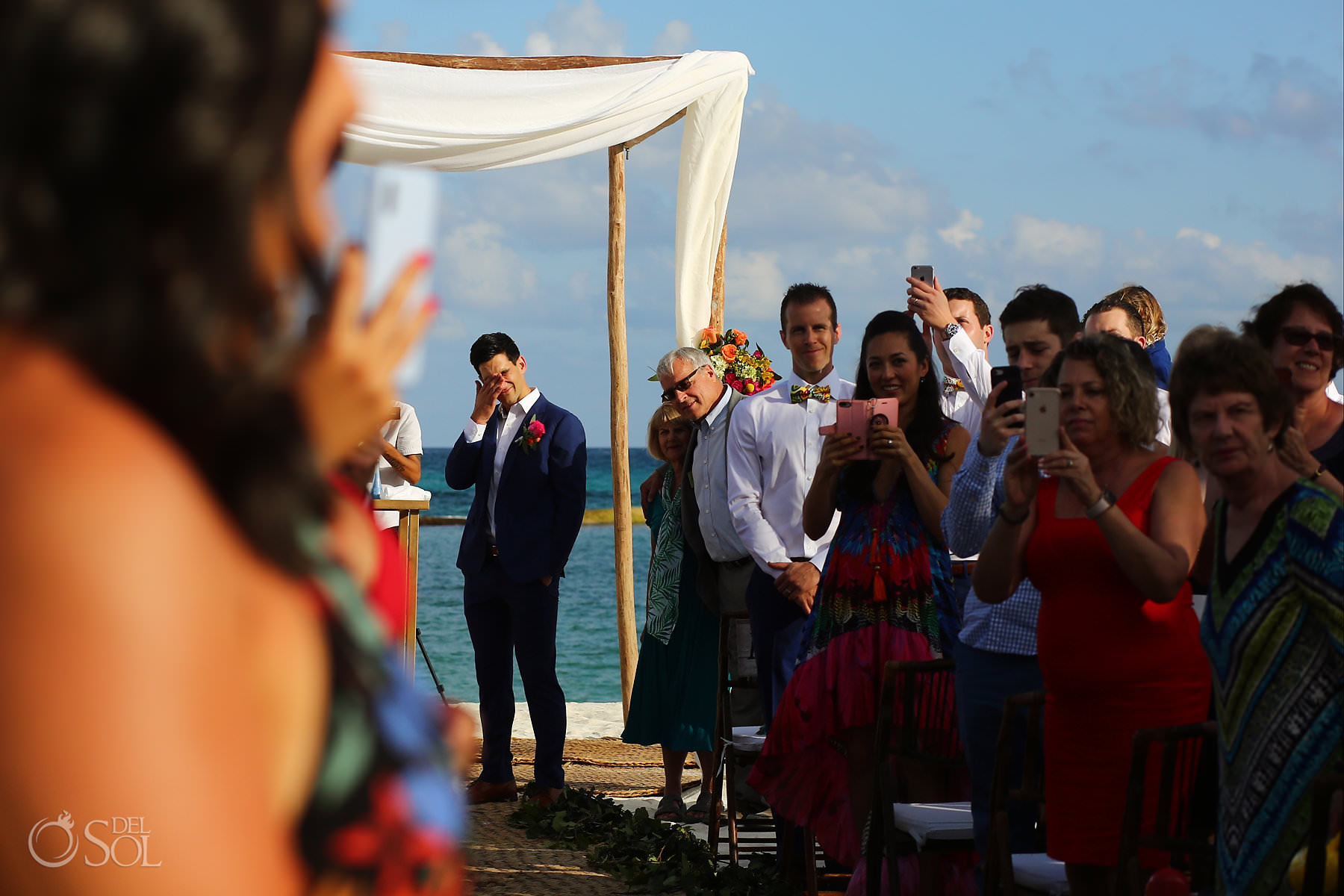 Andaz Mayakoba Beach Wedding ceremony crying groom first look 