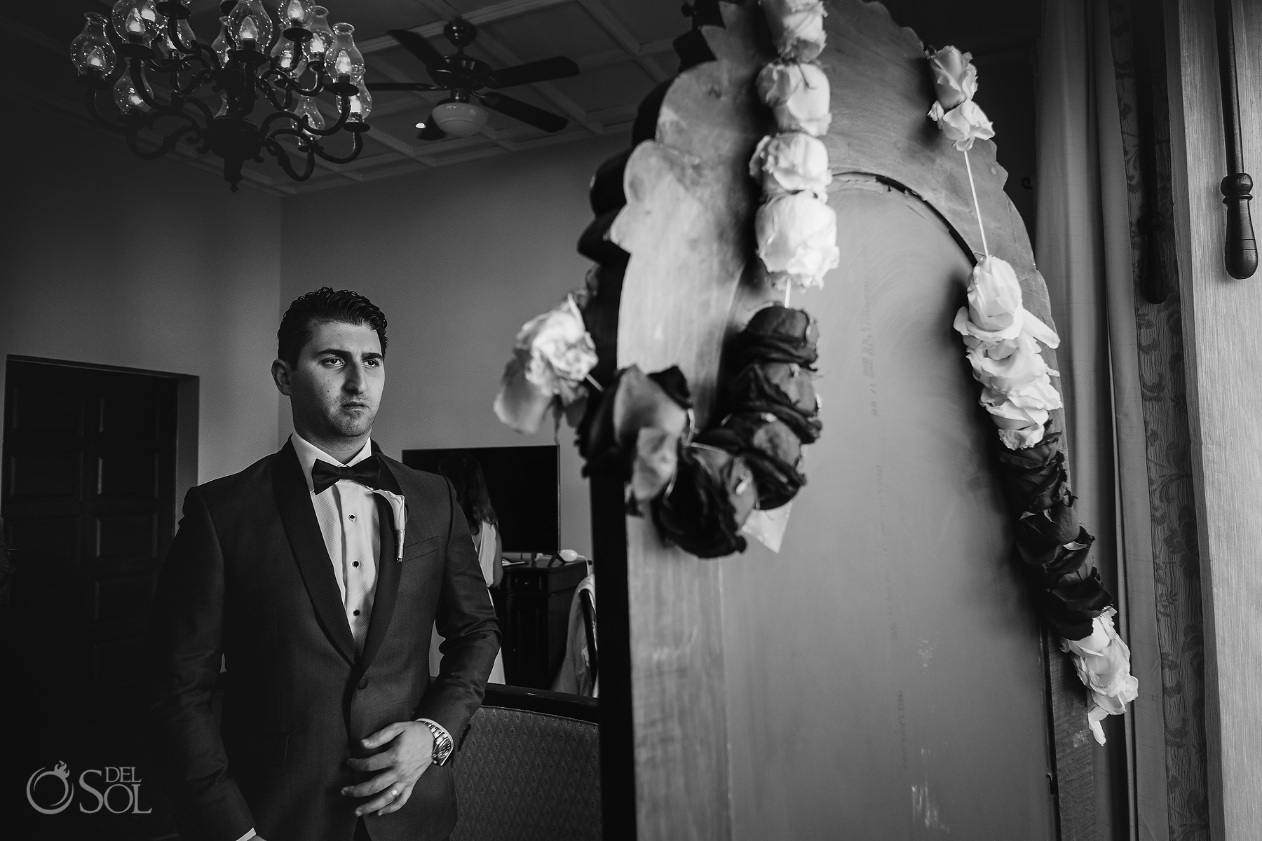 Getting Ready Black and White Groom Portrait Suite Dreams Tulum Jewish Wedding Reception
