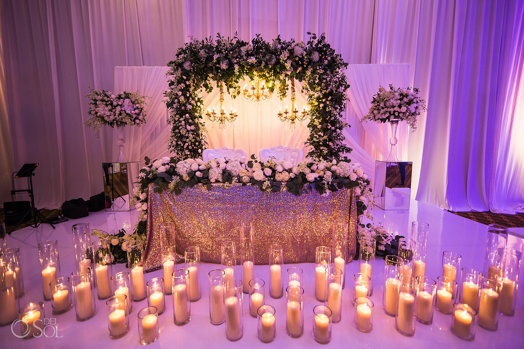 Beautiful candle design head table Dreams Tulum Jewish Wedding Reception
