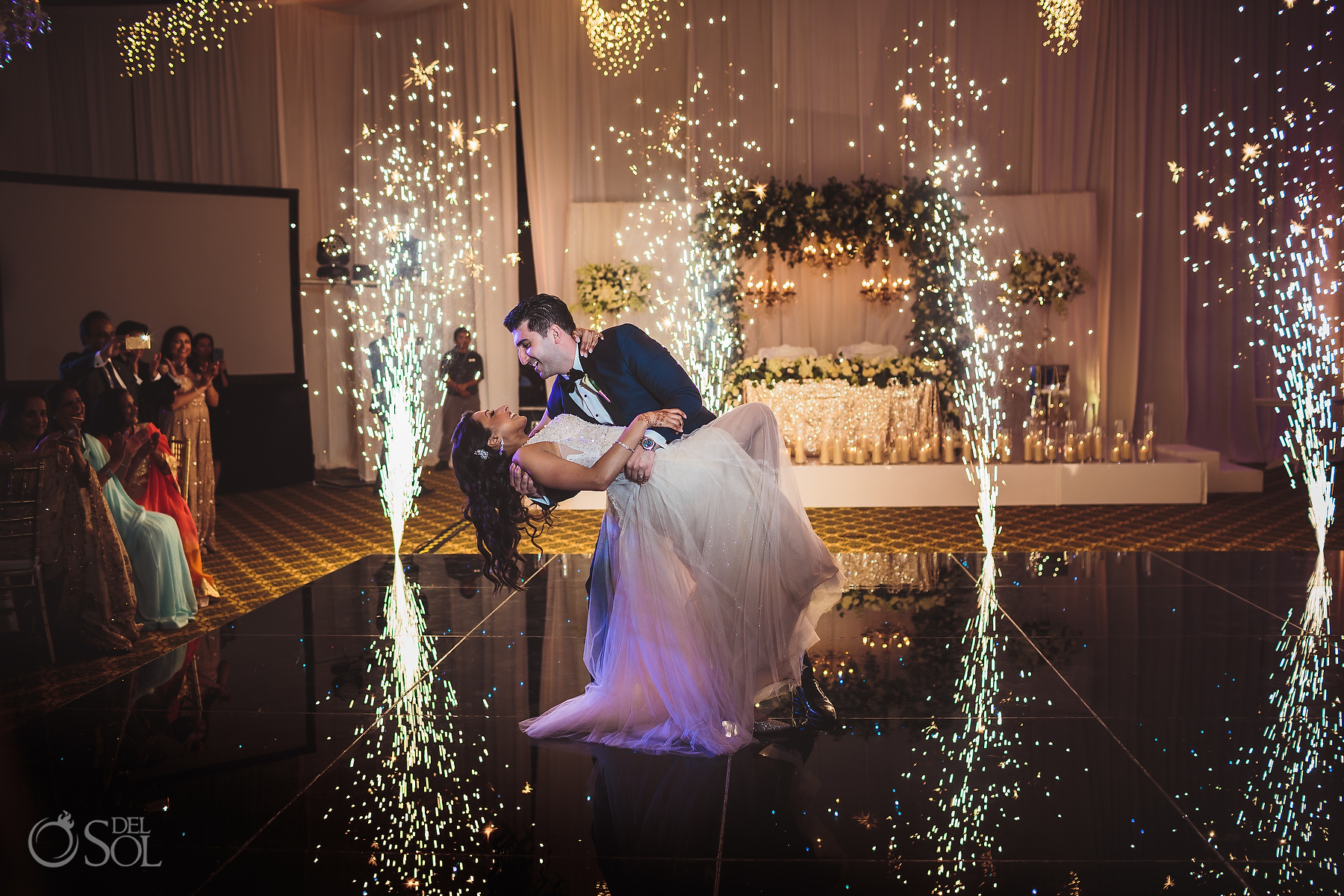 Bride and Groom First Dance Fireworks reflection Ballroom Tulum Jewish Wedding Reception