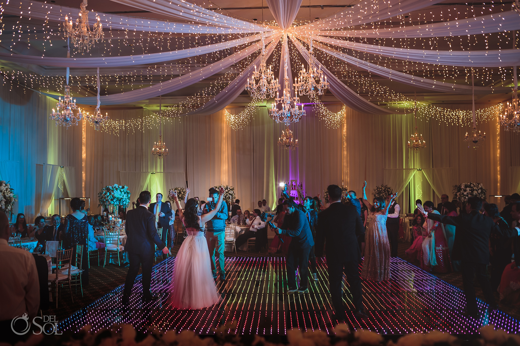 Massive chandelier decoration Dance Floor Tulum Jewish Wedding Reception