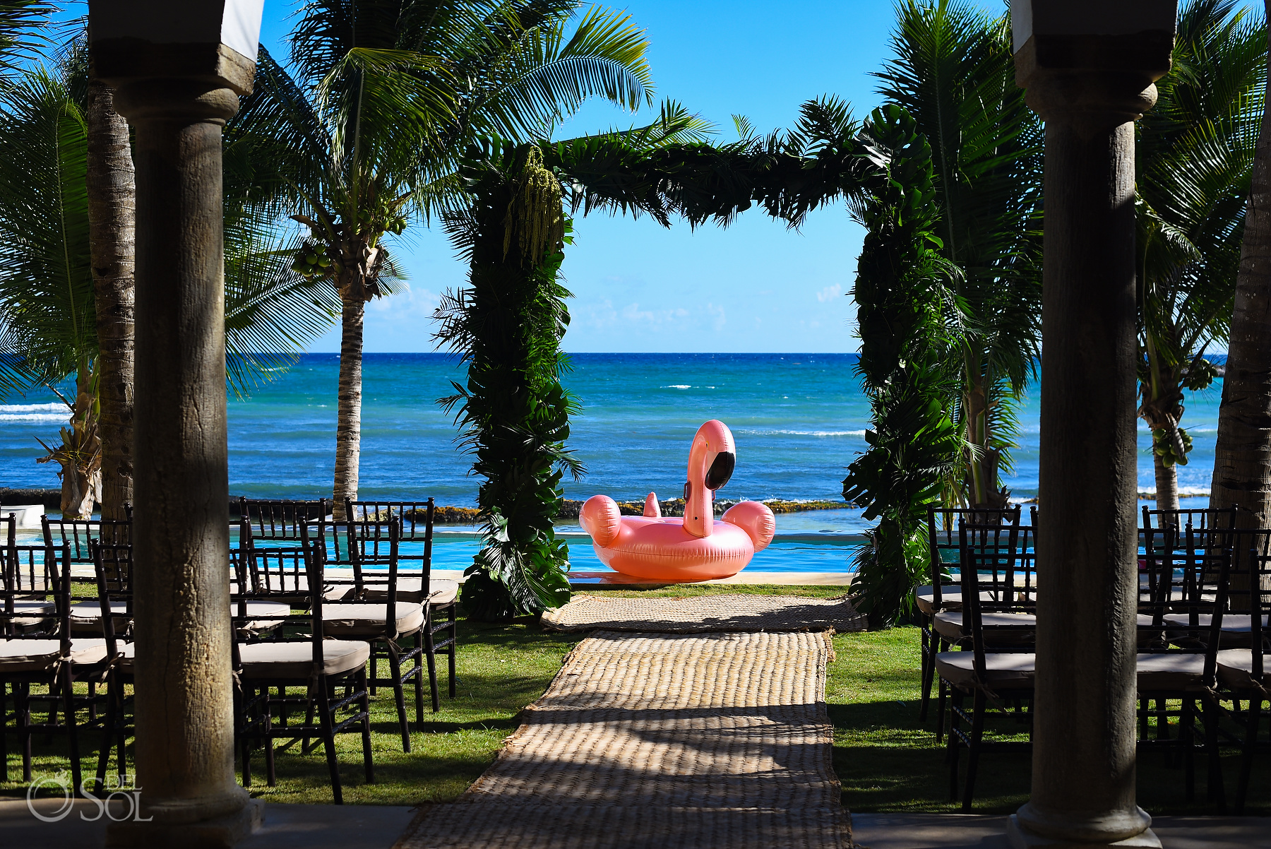 Beach Front Ceremony Pink Flamingo riviera maya villa wedding Puerto Aventuras