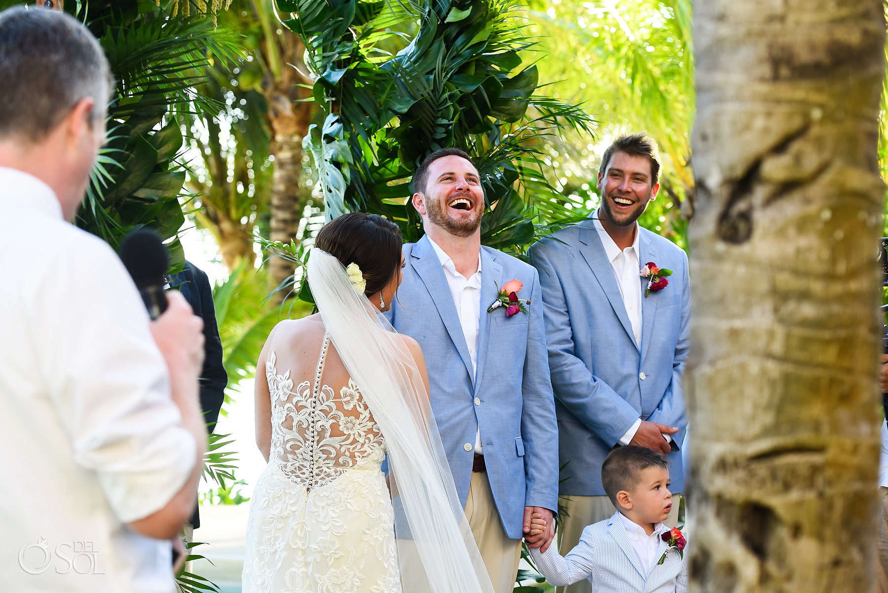 laughing marry ceremony Light blue suit groom riviera maya villa wedding