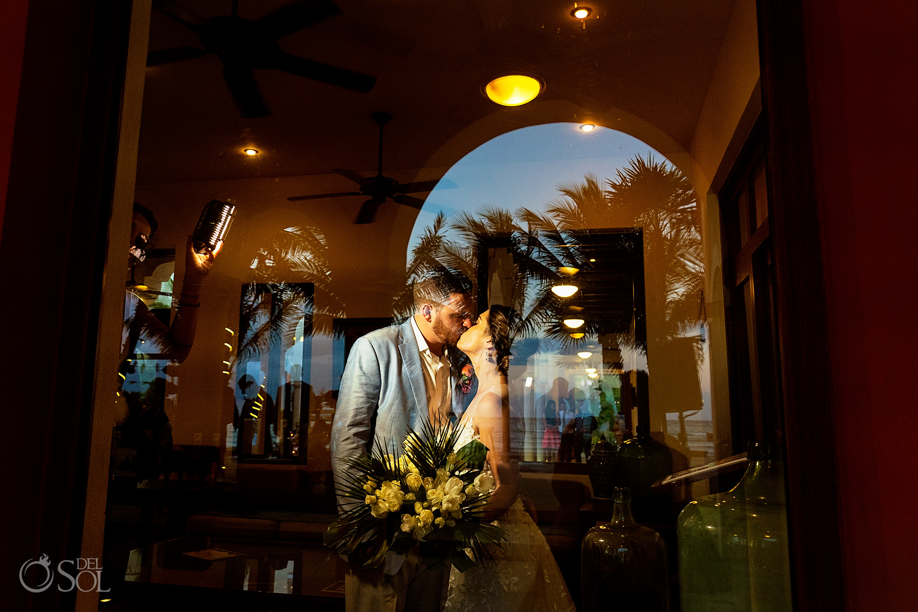 Just married kiss caribbean reflection riviera maya villa wedding