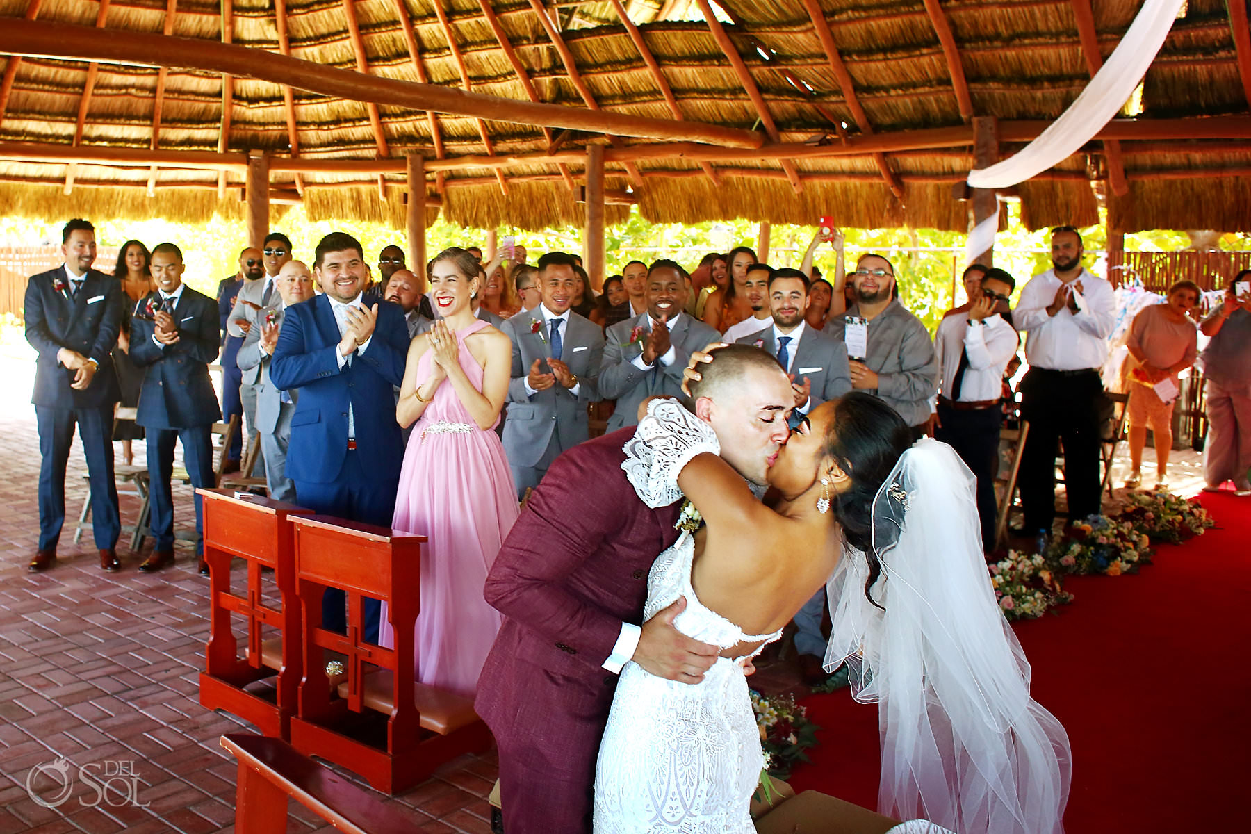 Cancun Church wedding first kiss
