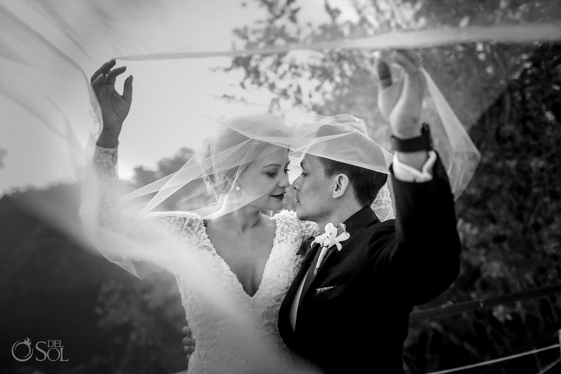 long bridal veil couple portrait blue diamond luxury boutique hotel