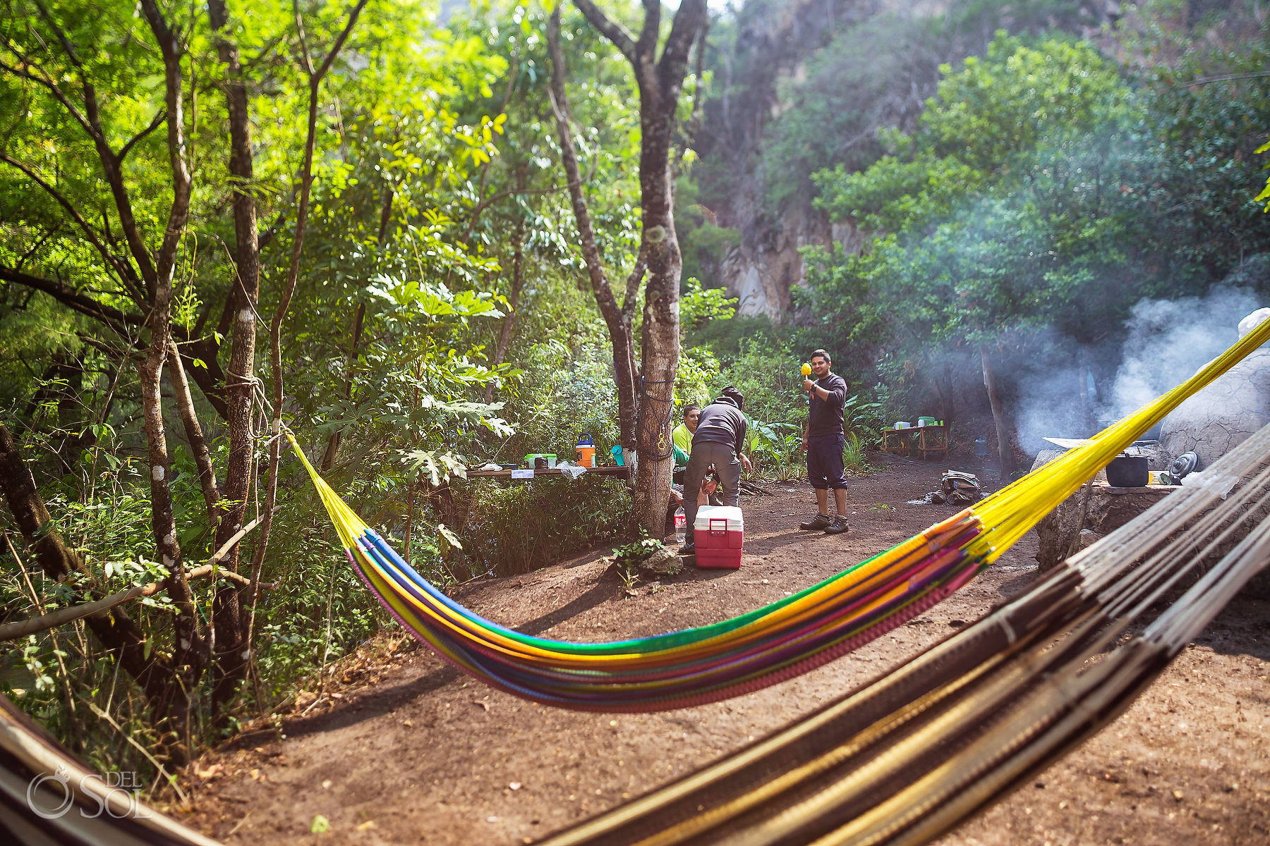 hammocks hanging across campsite Chiapas waterfall adventure