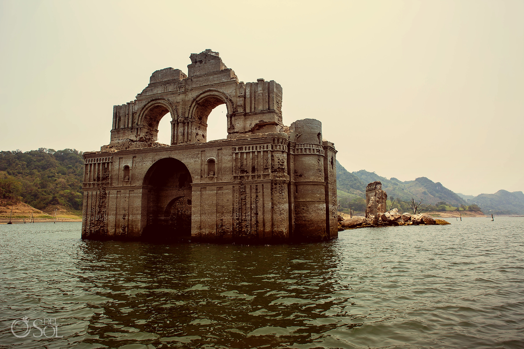 Epic Church out of the water in the lake in chiapas 