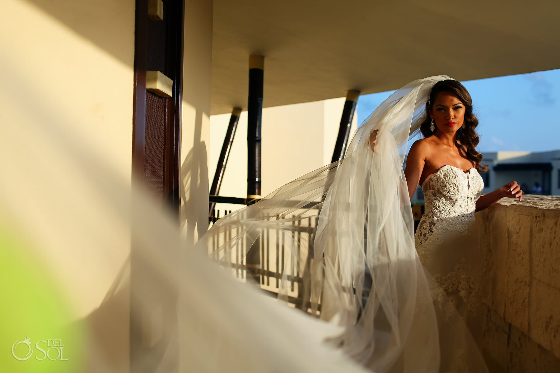 beautiful Asian Bride portrait wearing long wedding veil Martina Liana dress Dreams Riviera 