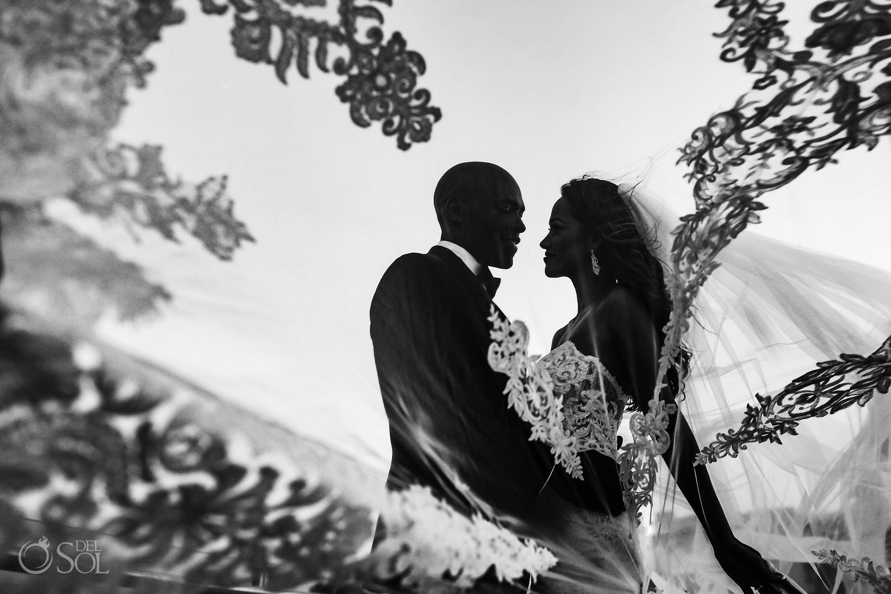 Artistic black and white wedding portrait silhouette Martina Liana embroidered dress