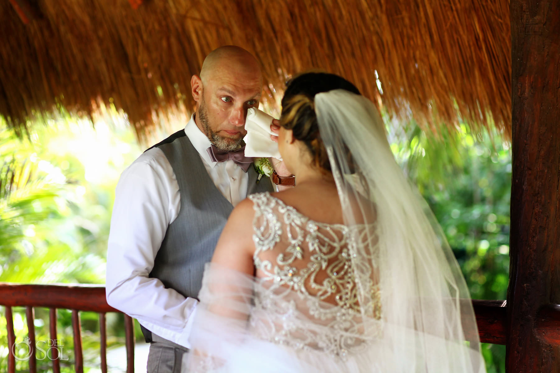 Akumal Bay beach wedding first look groom crying Tulum Mexico