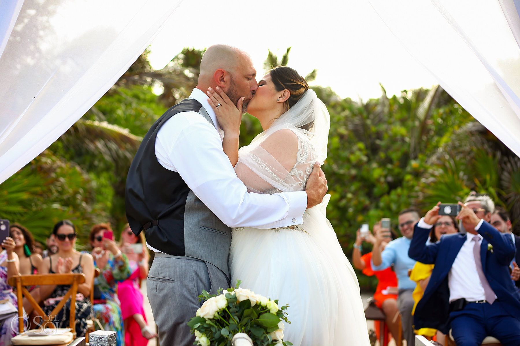 First kiss Akumal Bay Beach wedding tropical sea location