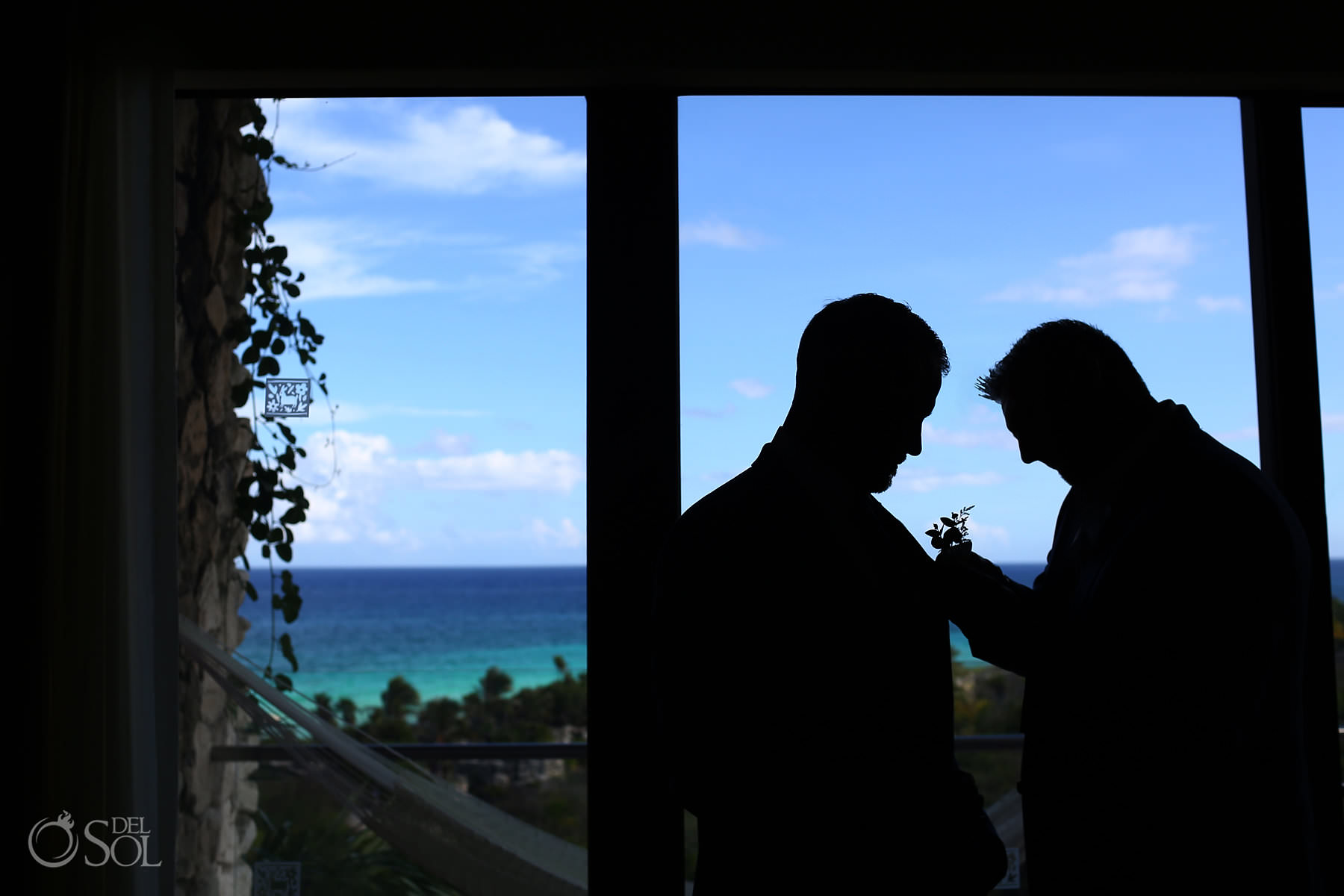 Hotel Xcaret Mexico Wedding groom getting ready silhouette