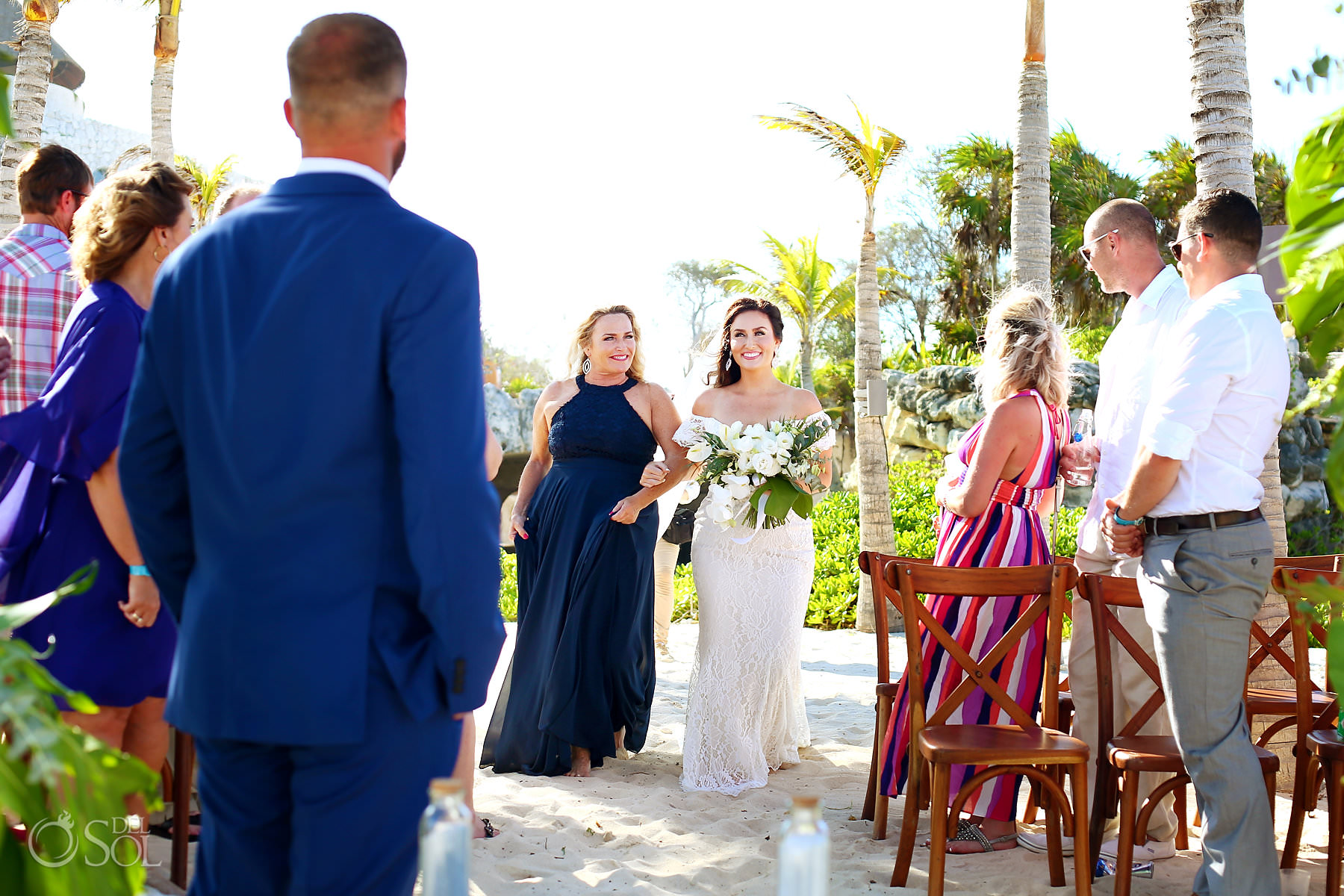 Hotel Xcaret Mexico beach wedding bride entrance Lillian West dress