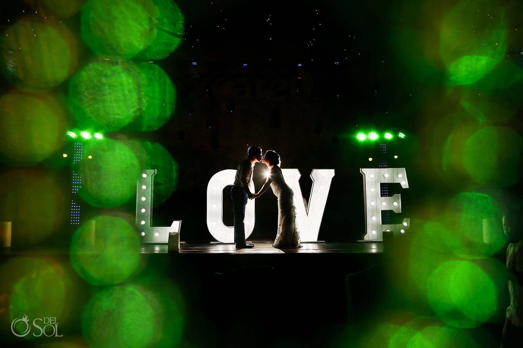 La Isla restaurant Xcaret Park destination wedding reception LOVE sign