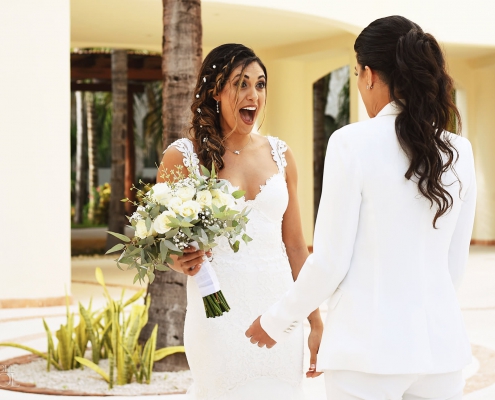 Brides first look Mexico Same Sex Wedding at Secrets Maroma Beach Riviera Cancun