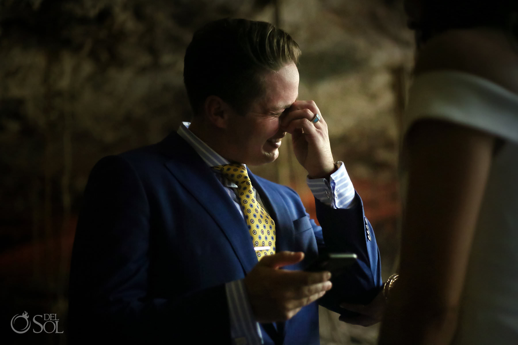 groom crying Elopement ceremony underground in Mexican cenotes