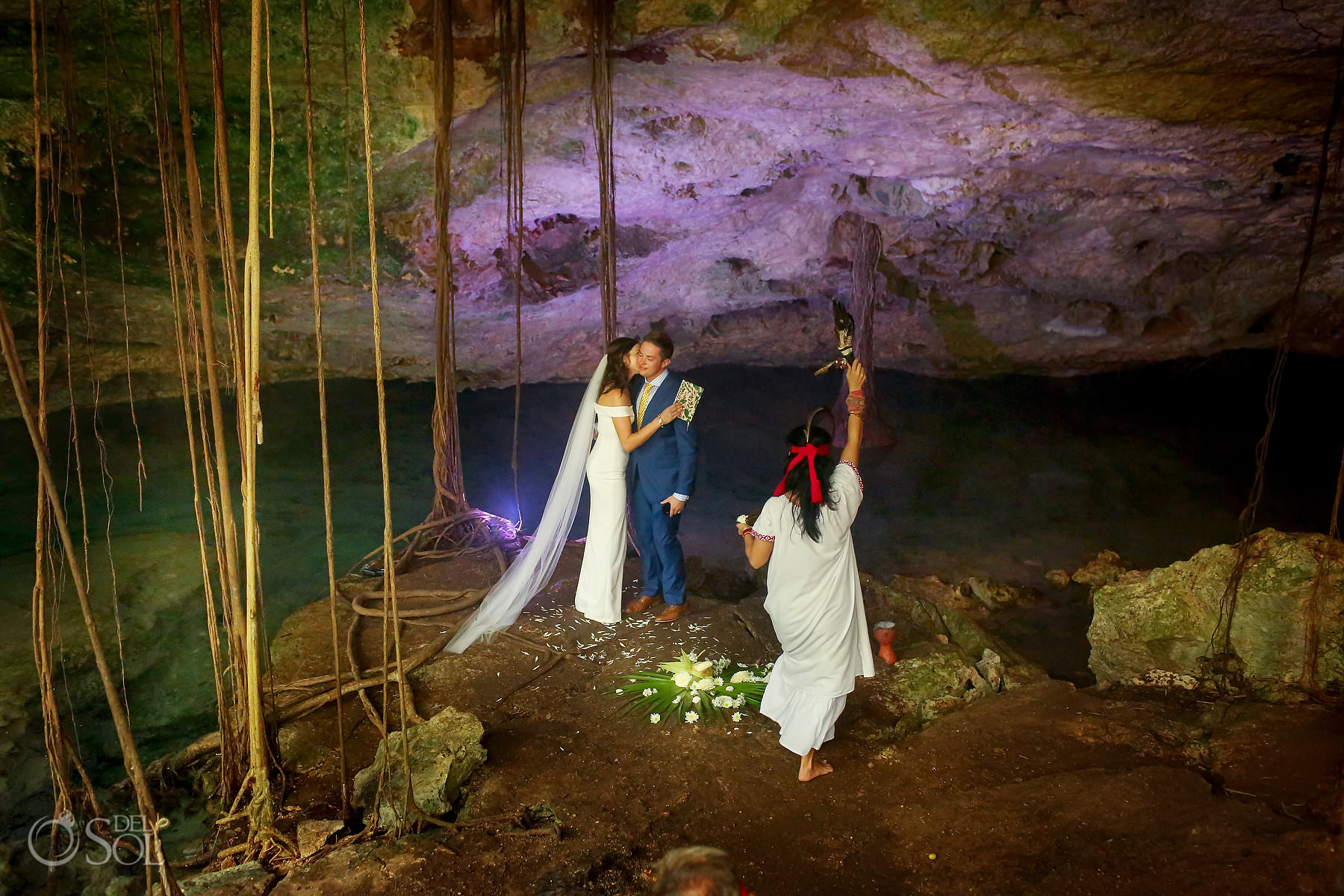 First kiss Romantic Elopement ceremony underground in Mexican cenotes
