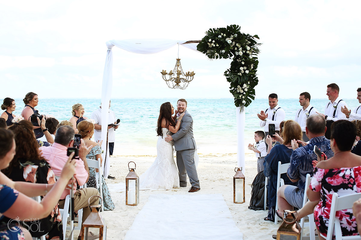first kiss Dreams Riviera Cancun Beach Wedding 