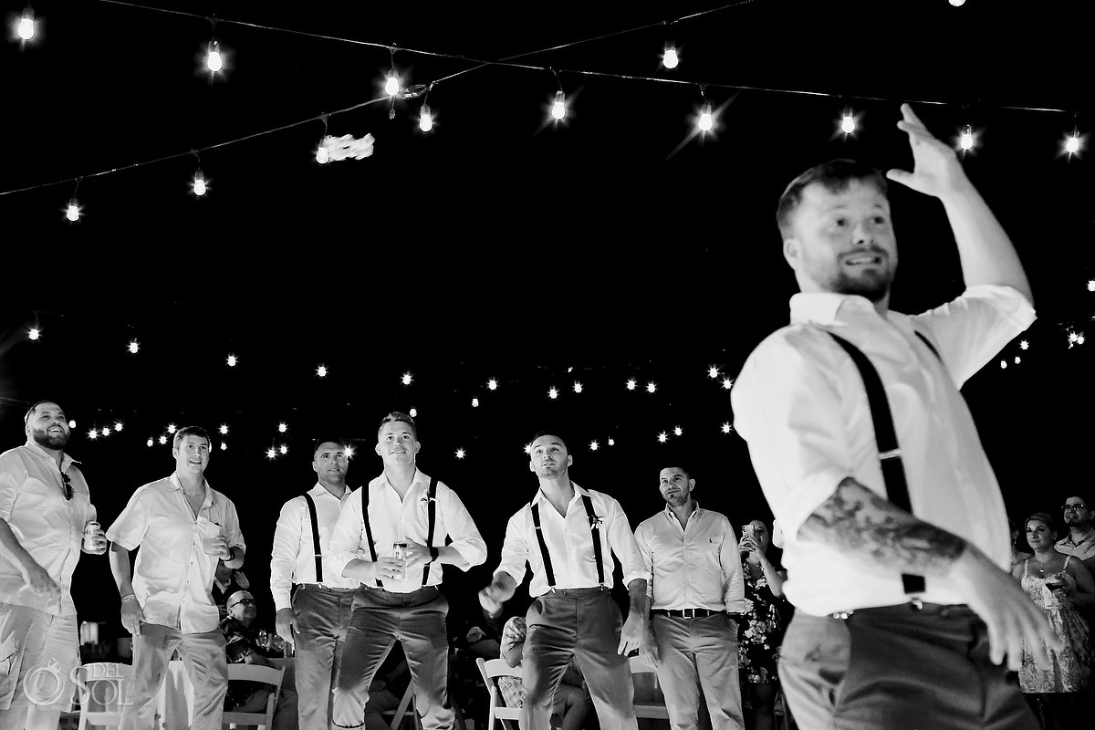 garter toss Dreams Riviera Cancun Beach Wedding reception