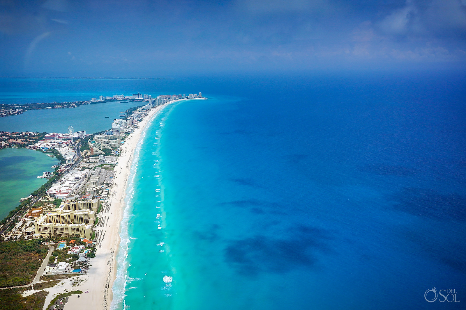 Aerial Photograph Cancun Hotel Zone without tourists during April 2020 quarantine
