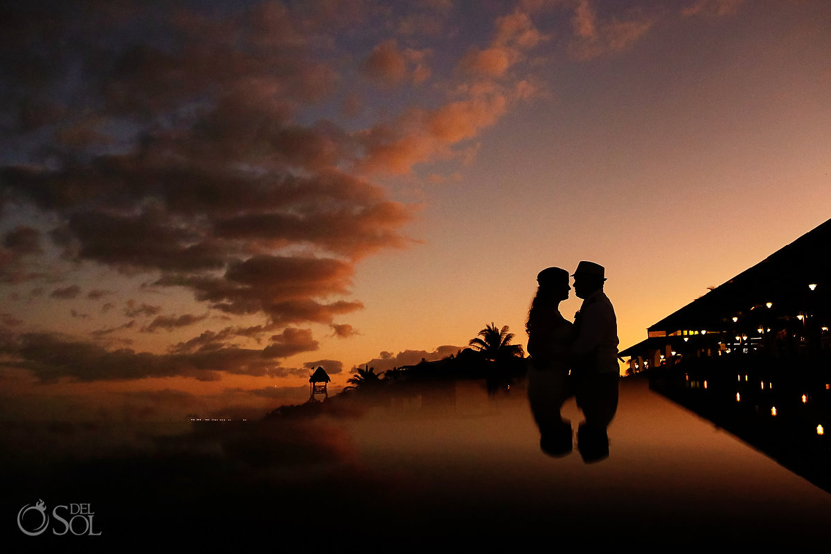 Sunset silhouette Now Sapphire Wedding photographer Cancun Mexico