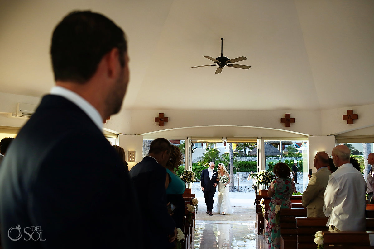 bride entrance Hard Rock Catholic Wedding Riviera Maya San Charbel Chapel