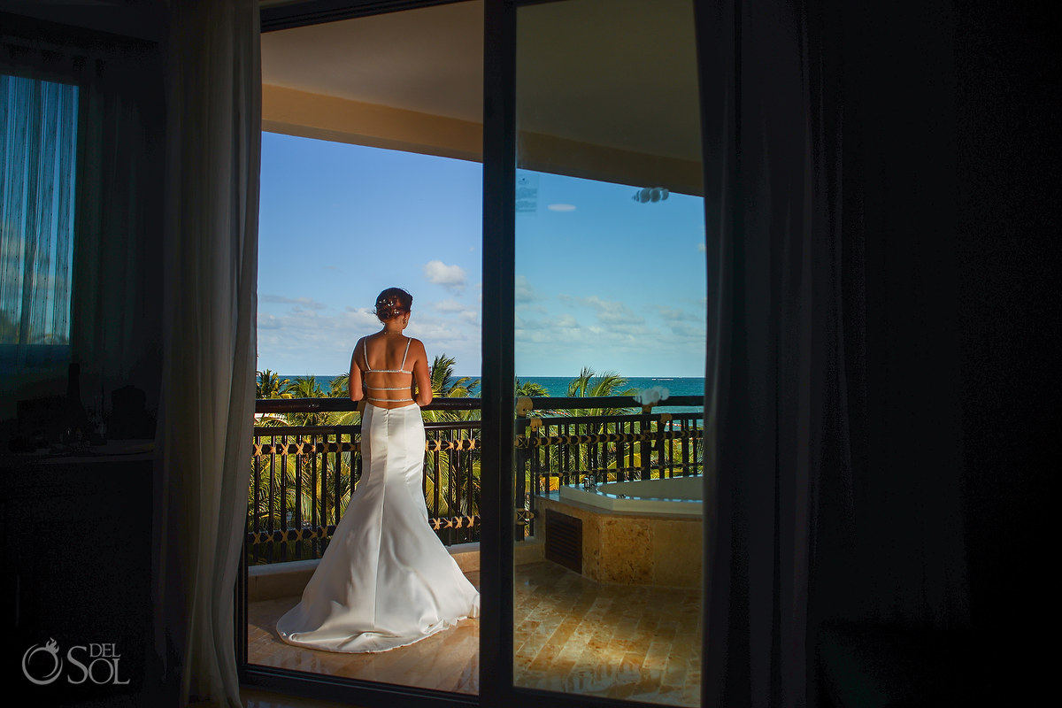 Bride getting ready Dreams Riviera Cancun rooftop terrace wedding. Riviera Maya Mexico