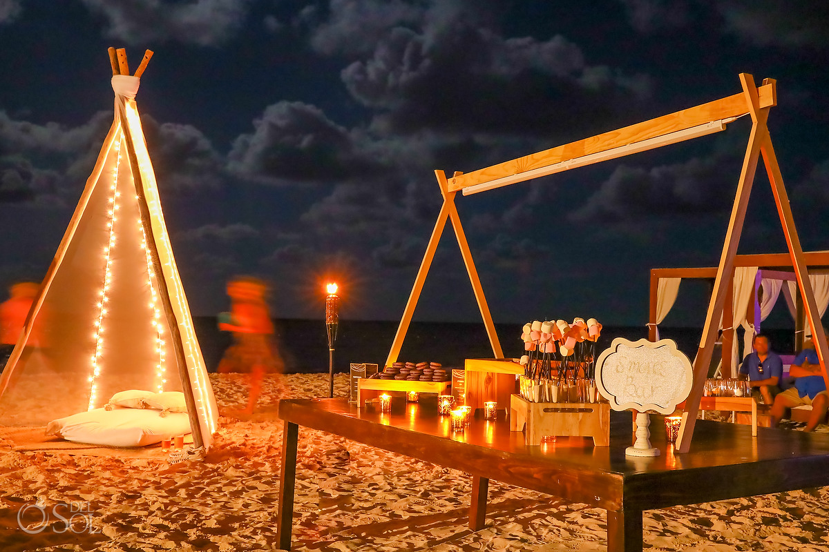 Smores Bar Welcome party ideas Dreams Natura Bonfire Welcome Party Rehearsal Dinner Riviera Cancun Mexico