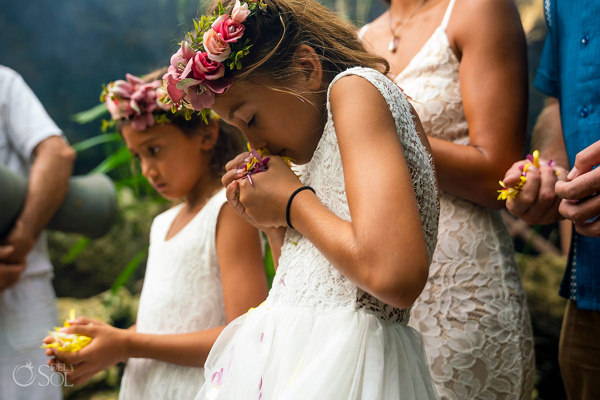 flower blessing Mayan Vow Renewal 10 year anniversary cenote ceremony Riviera Maya Mexico