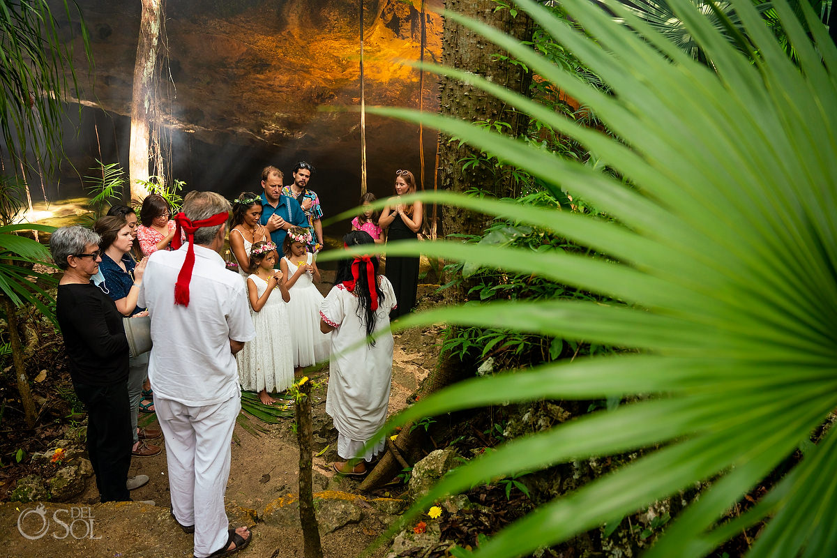 flower blessing Mayan Vow Renewal 10 year anniversary cenote ceremony Riviera Maya Mexico