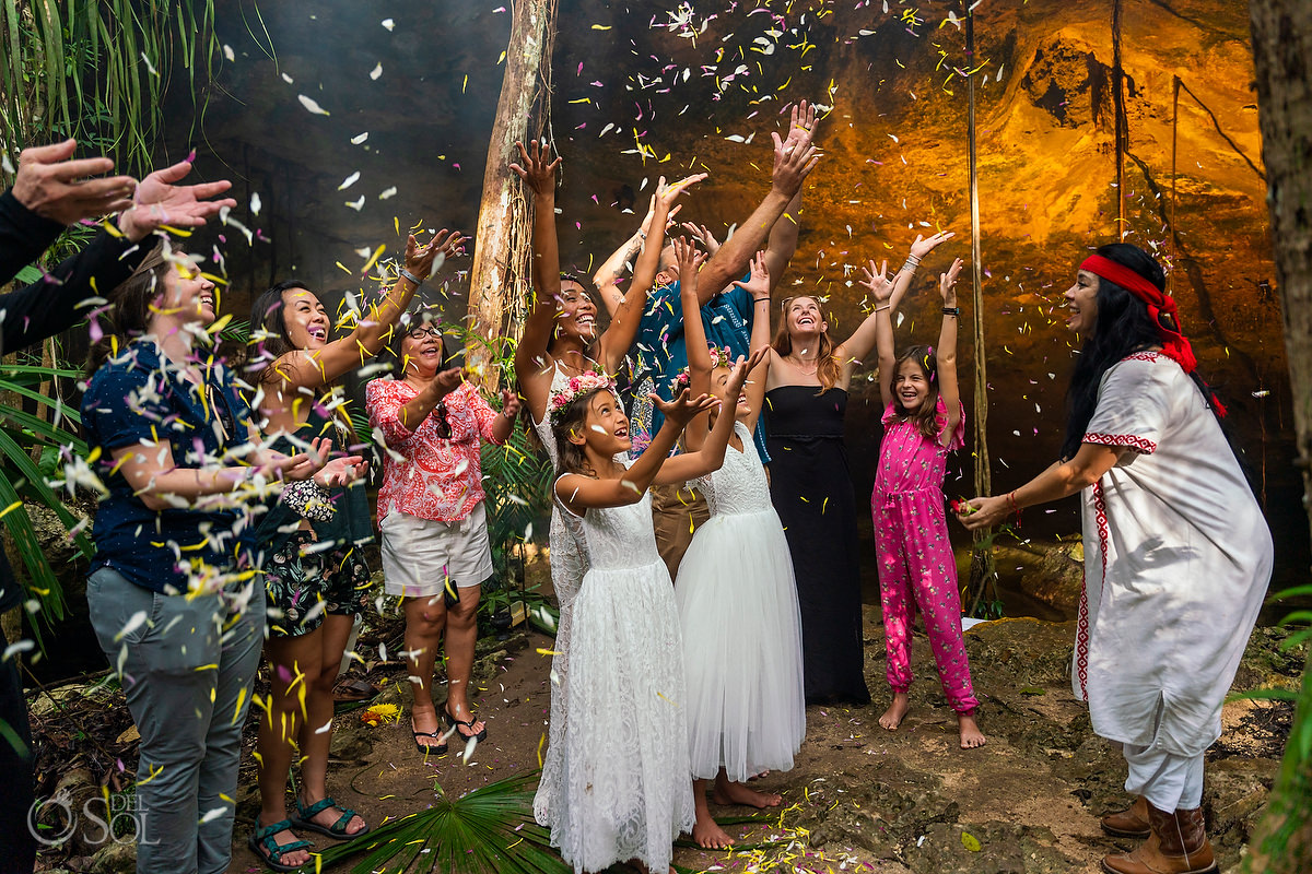 Micro Cenote Wedding flower blessing Mayan Vow Renewal 10 year anniversary cenote ceremony Riviera Maya Mexico