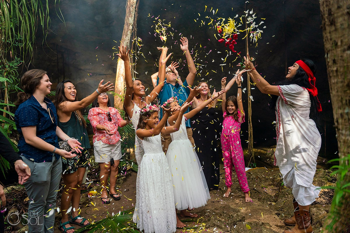 flower blessing Mayan Vow Renewal 10 year anniversary cenote ceremony Riviera Maya Mexico