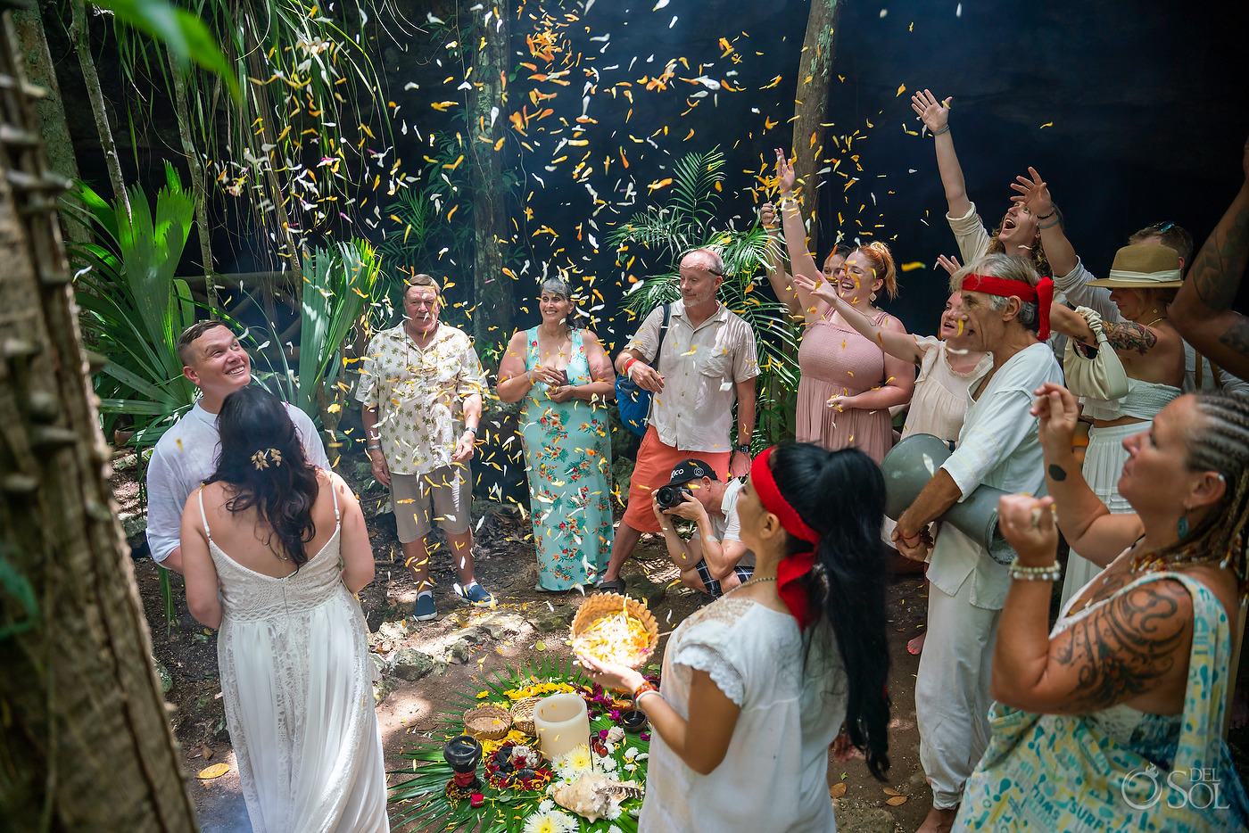 Mexico Cenote Micro Ceremony family celebration with flower petals