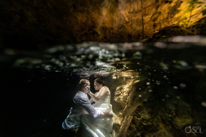 underwater trash the dress bride Mexico Cenote Micro Ceremony wedding Del Sol Photography