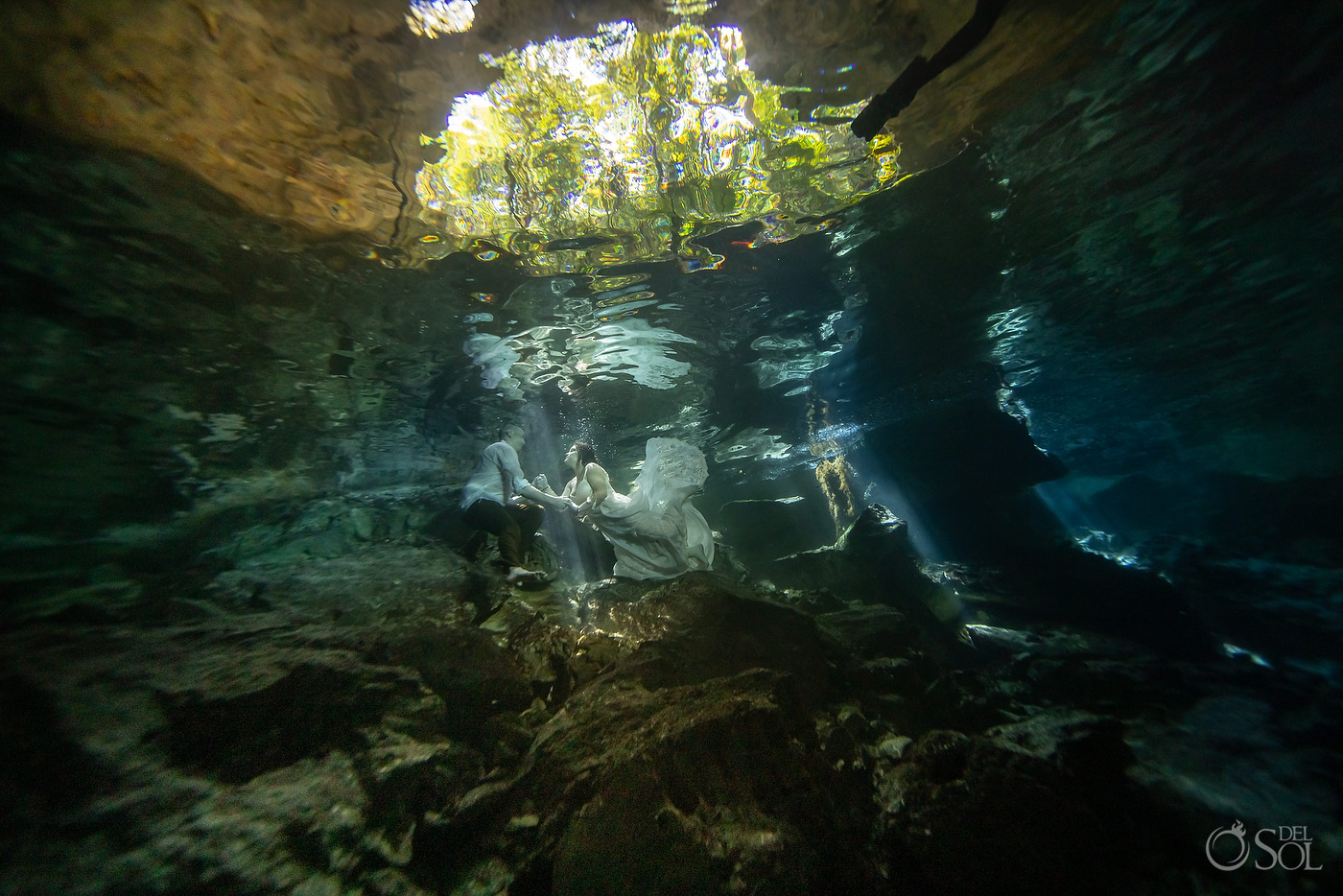 Underwater trash the dress Mexico Cenote Micro Ceremony