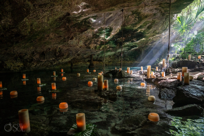 floating candles riviera maya Mexican cave Surprise Cenote Proposal Ceremony