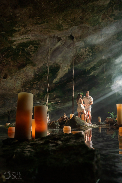 floating candles riviera maya Mexican cave Surprise Cenote Proposal Ceremony